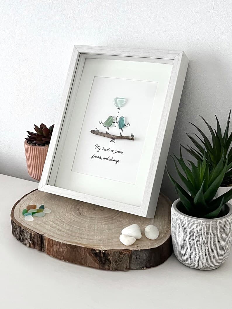 23rd Anniversary "Personalized Sea Glass Love Birds on a Branch"