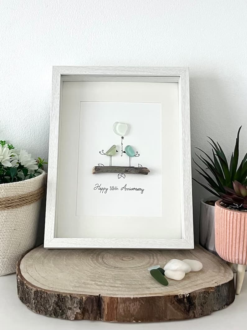 23rd Anniversary "Personalized Sea Glass Love Birds on a Branch"