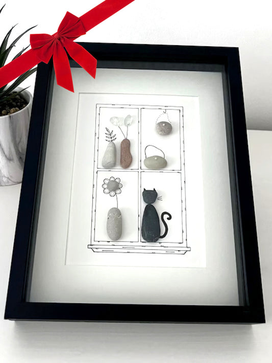 Christmas Gift - Personalized "Cat at Home" Pebble & Sea Glass Artwork Gift