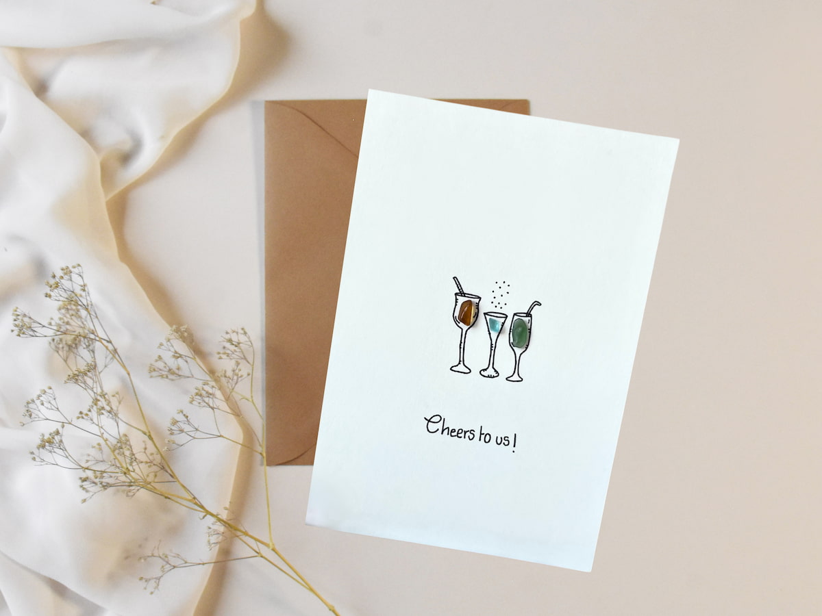 "Cheers To Us!" - Handmade Sea Glass Greeting Card