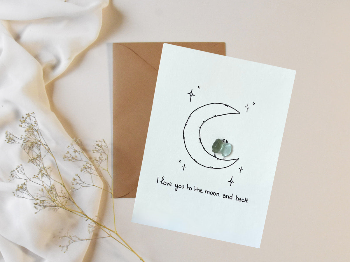 "I Love You To Moon Back" Handmade Sea Glass Greeting Card