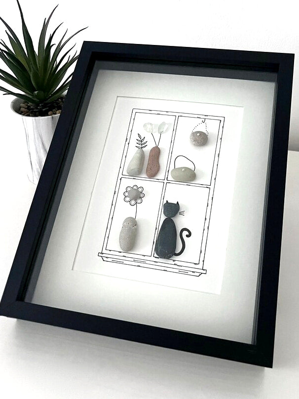 Christmas Gift - Personalized "Cat at Home" Pebble & Sea Glass Artwork Gift