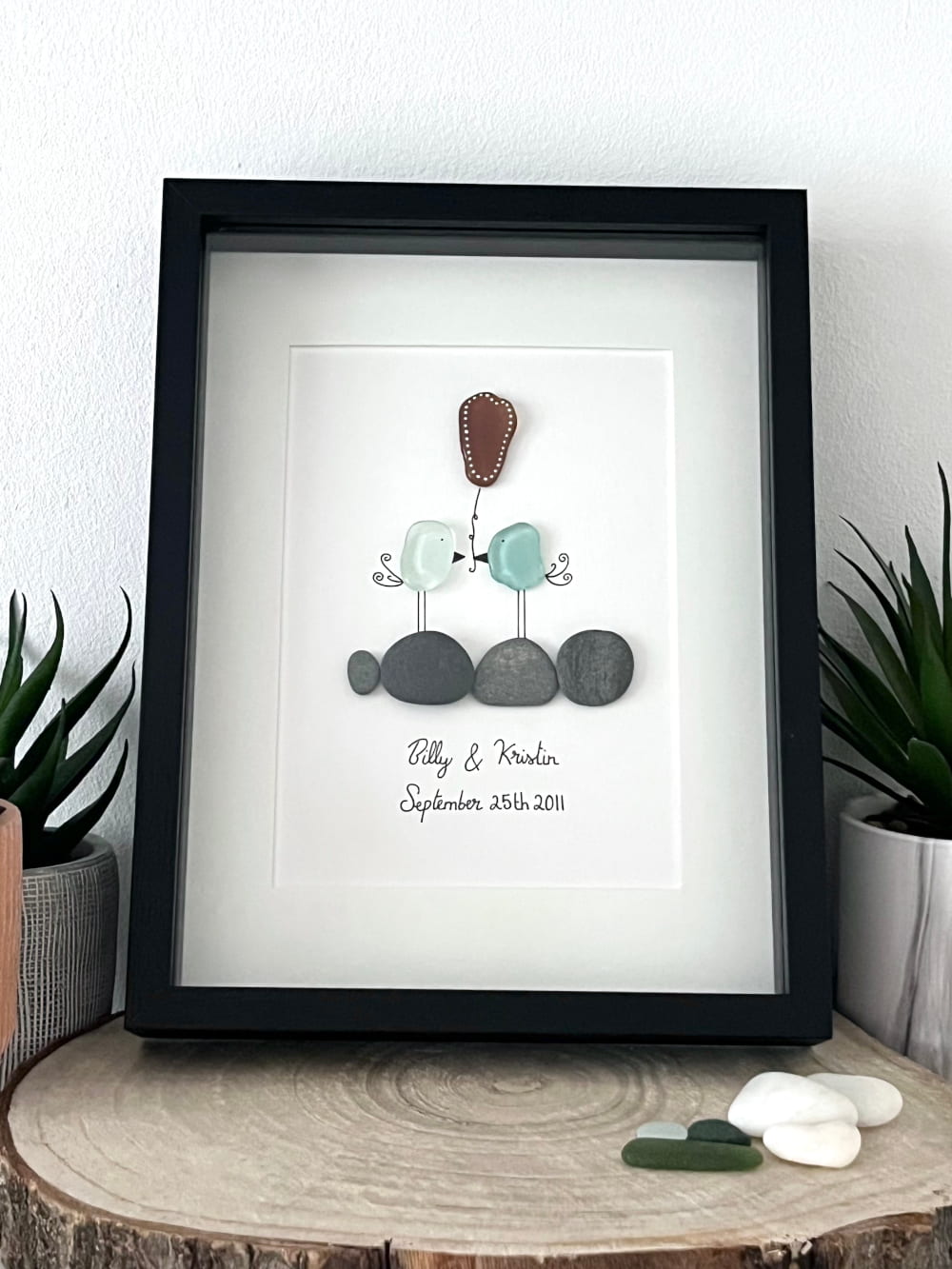 "Love Birds on Rocks" - Personalized Sea Glass Gift