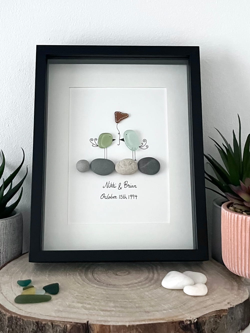 "Love Birds on Rocks" - Personalized Sea Glass Gift